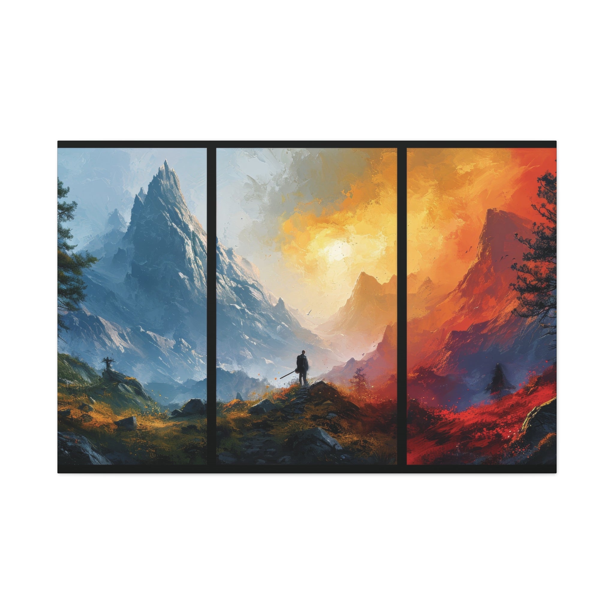 Epic Alpine Quest: Triptych Mountain Adventure Canvas Art