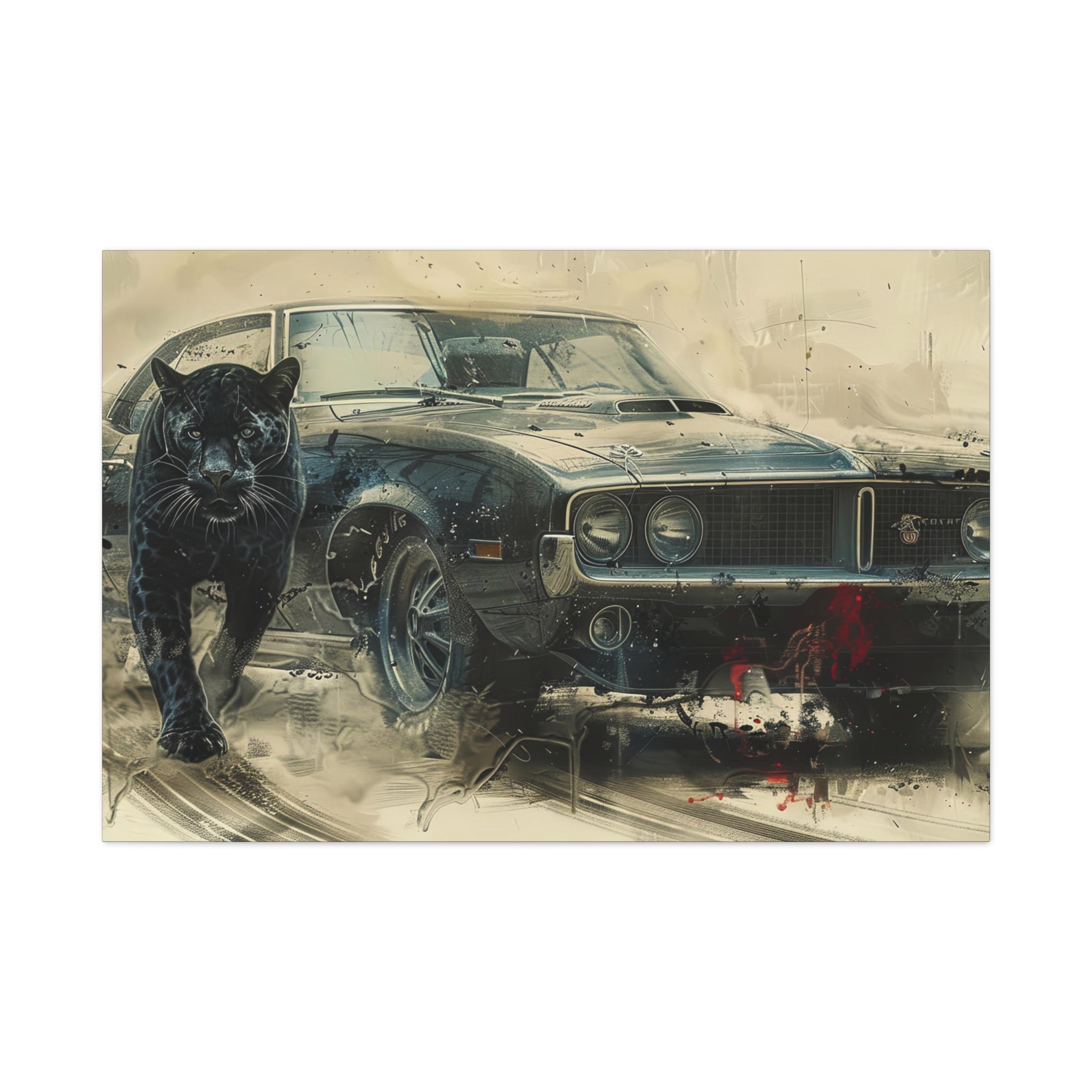 Midnight Roar: Panther and Muscle Car Canvas Art