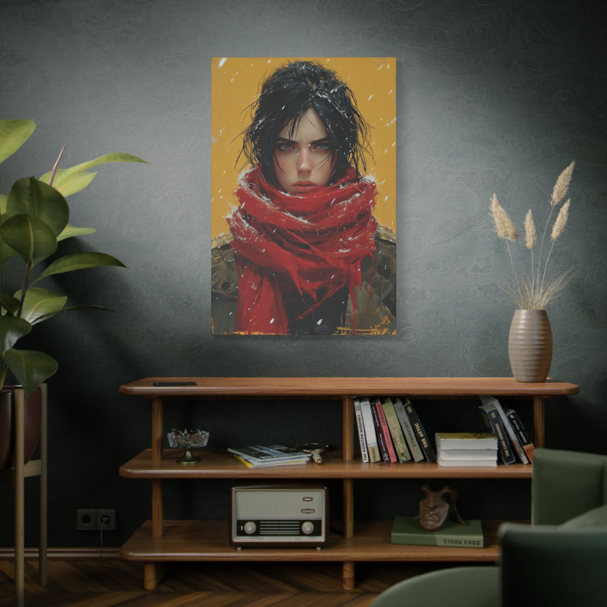 Intrepid Gaze: Portrait of a Woman with a Red Scarf Canvas Art