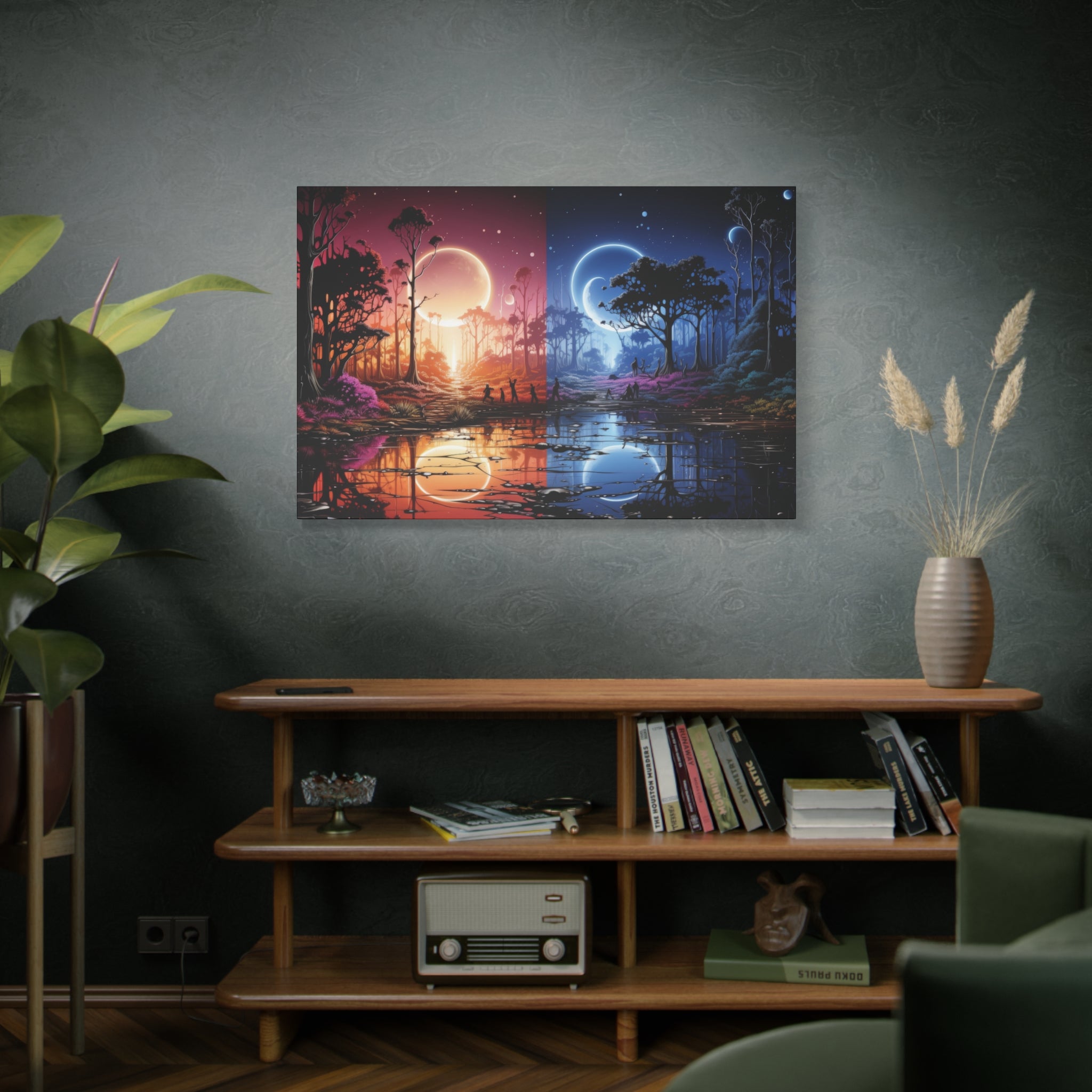 Twilight Duality: A Celestial Dance of Day and Night Canvas Art