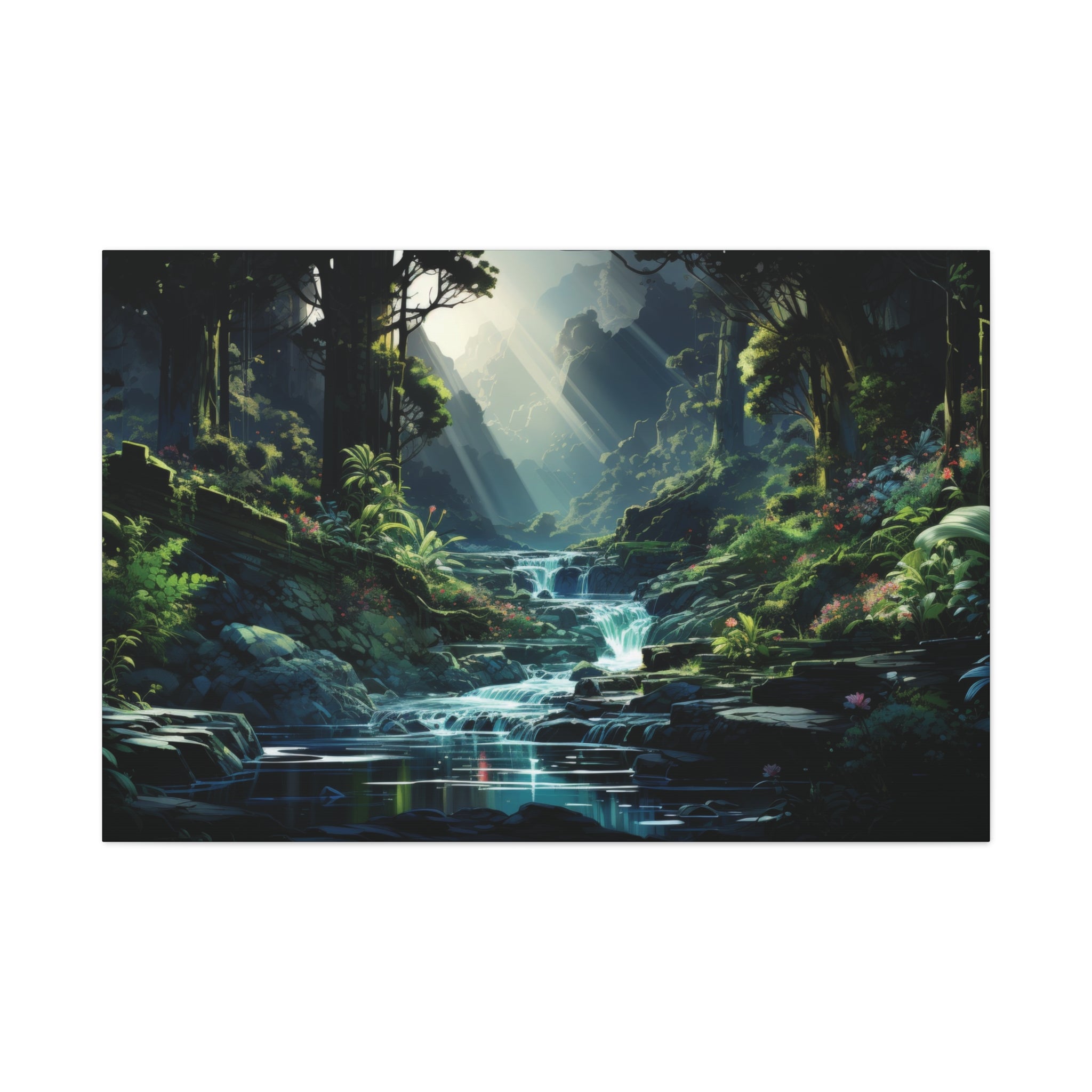 Luminous Glen: The Radiant Waterfall Oasis Canvas Art