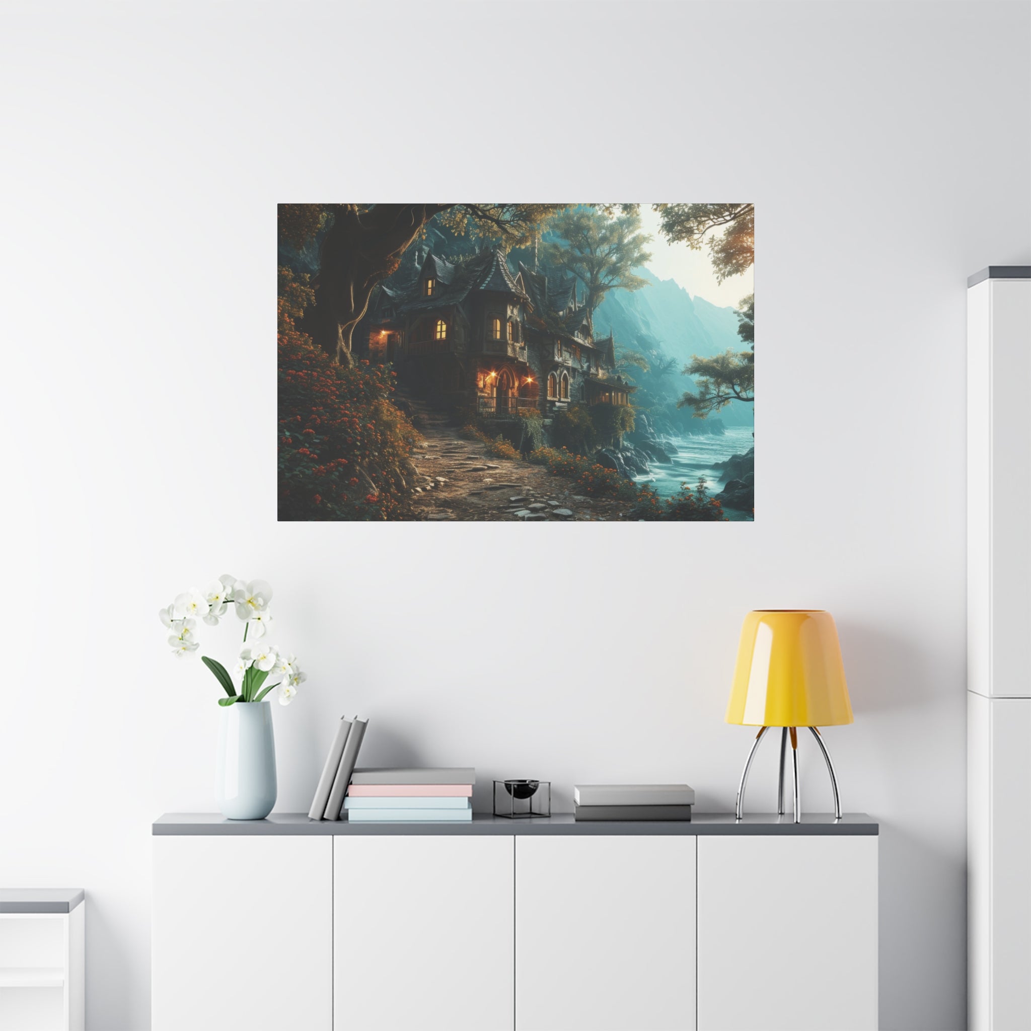 Enchanted Abode: Riverside Fantasy Cottage Canvas Art