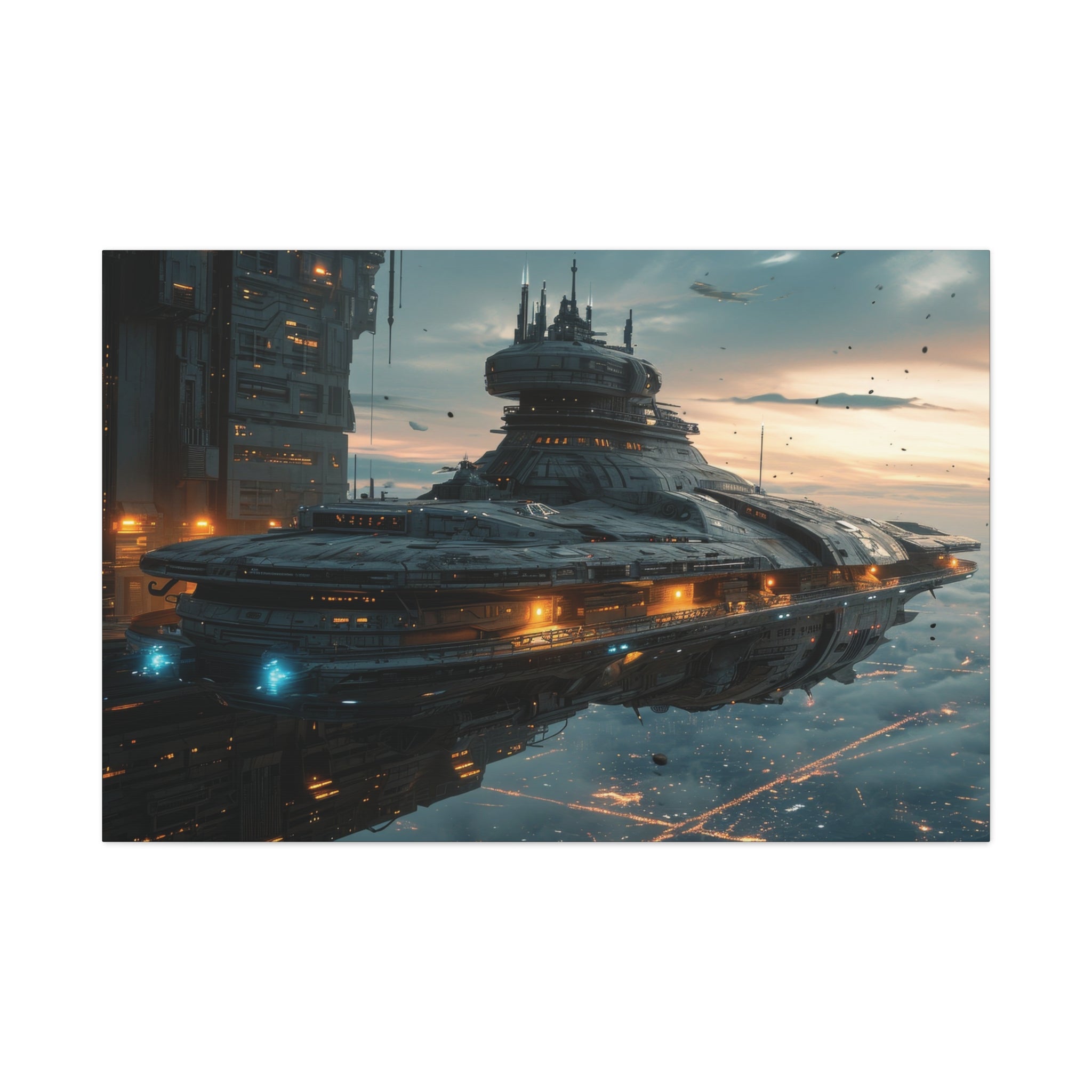 Interstellar Haven: A Majestic Spaceport Amidst the Clouds Canvas Art