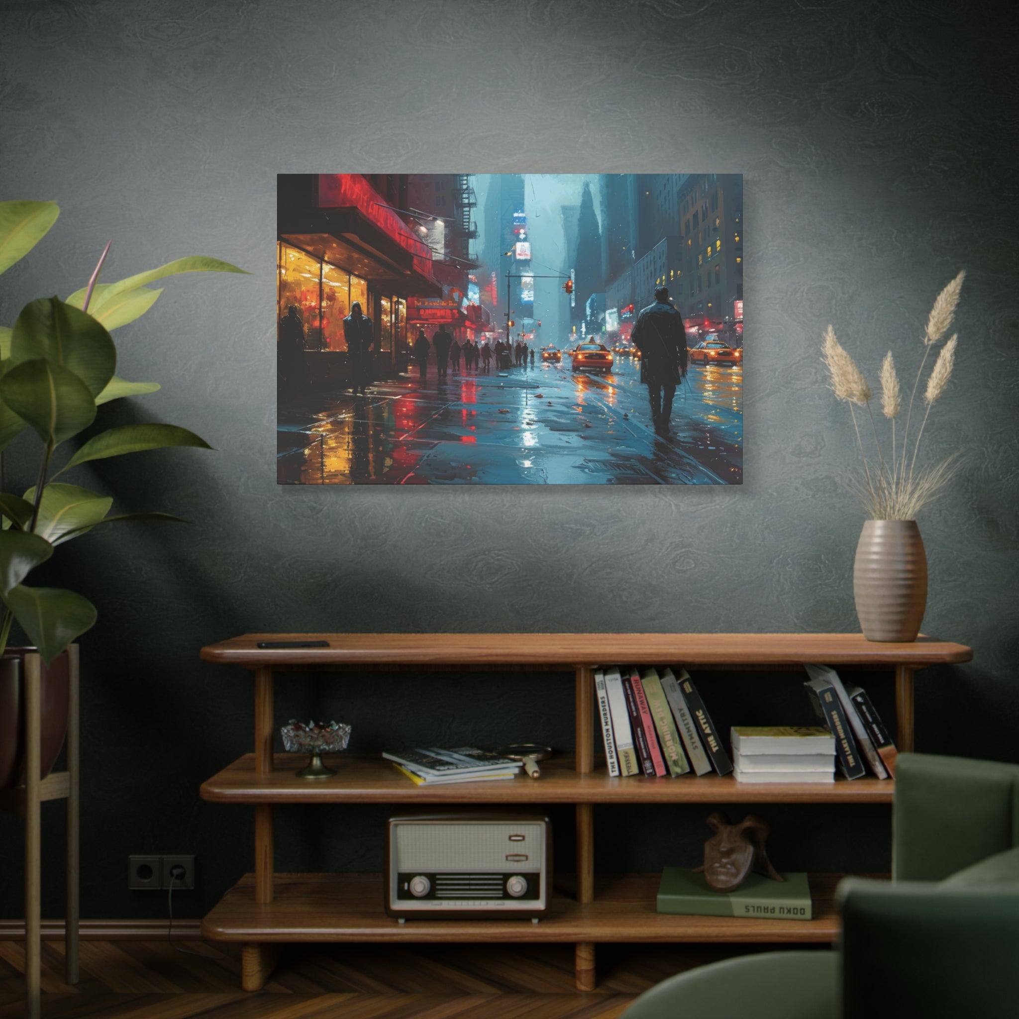 Neon Rain: Impressionist New York Cityscape Canvas Art