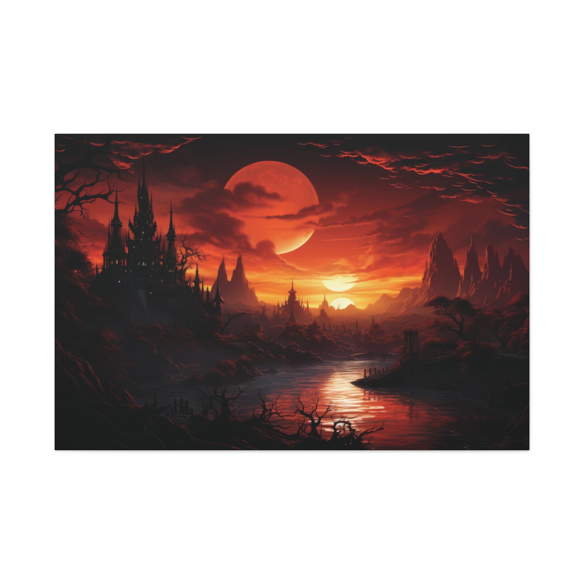 Gothic Twilight: Enchanted Castle Under a Blood Moon Canvas Art