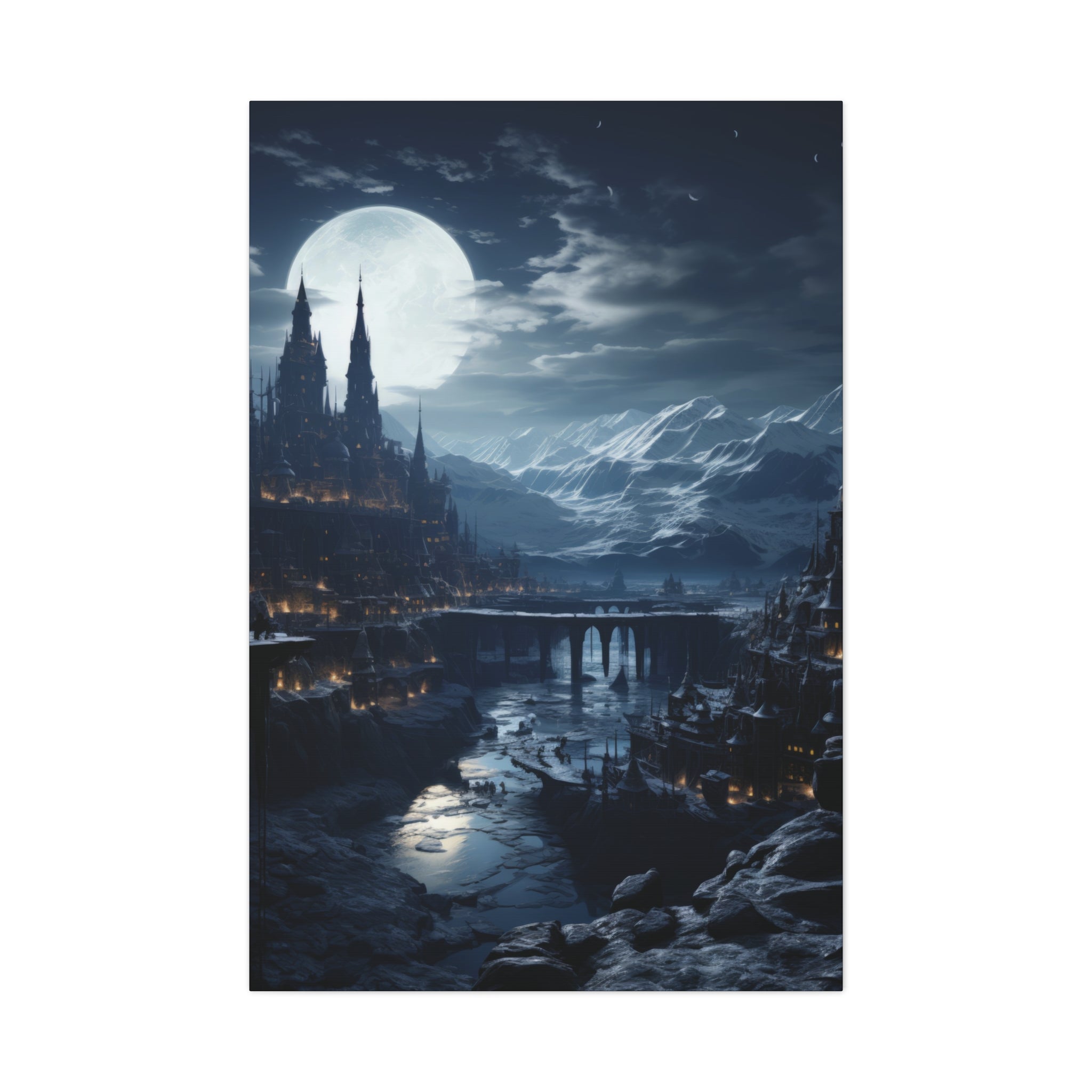 Moonlit Gothic Village: Mystical Mountainscape Canvas Art