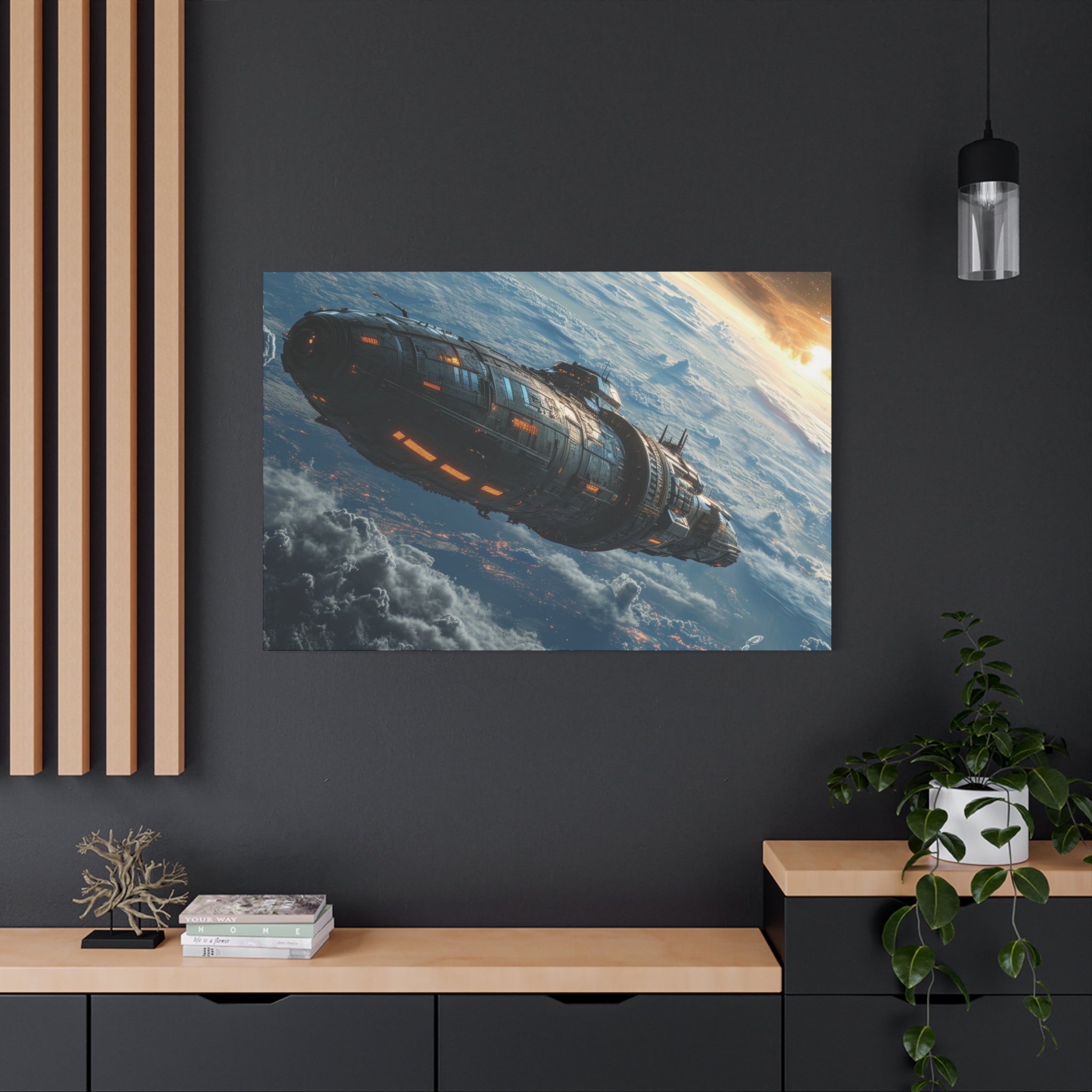 Interstellar Voyage: Orbital Cruiser at Dawn Canvas Art