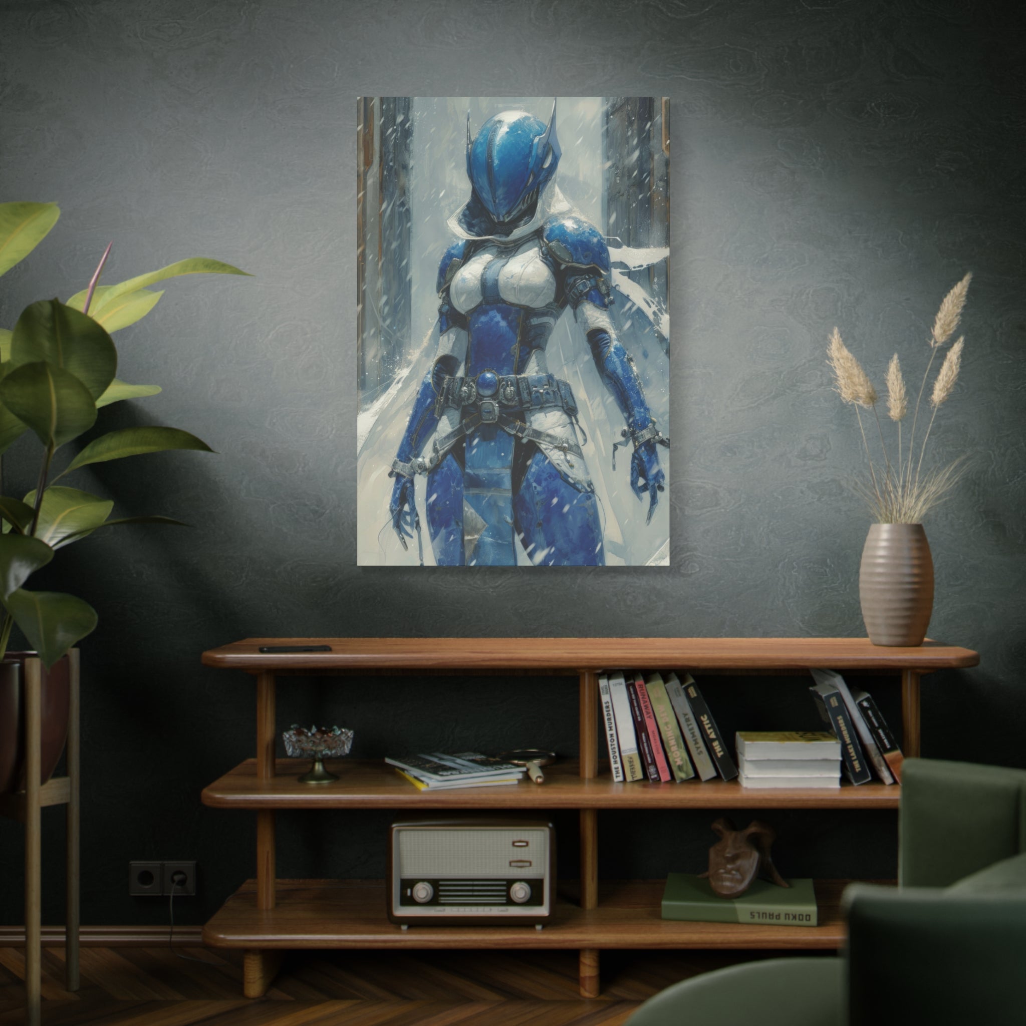 Frost Guardian: Warrior in Blue Armor Canvas Art