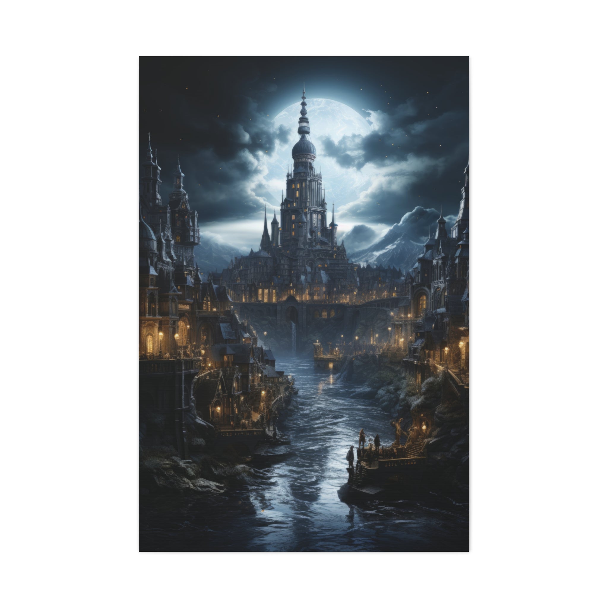 Celestial Nocturne Spire: Midnight River Canvas Art