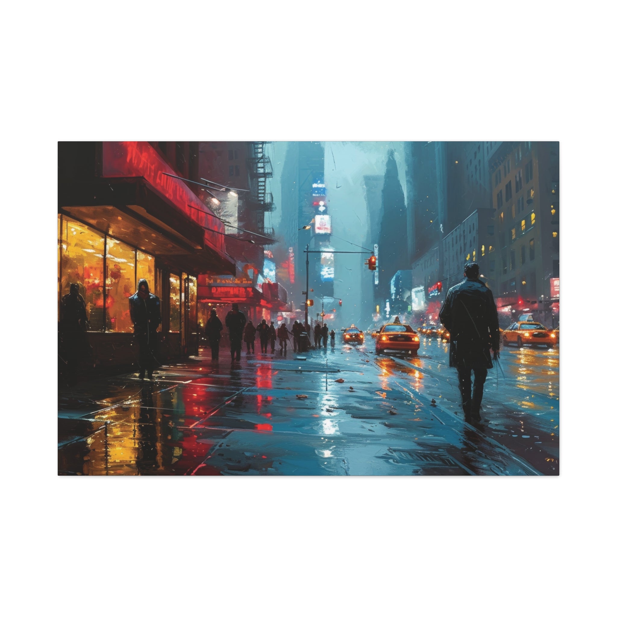 Neon Rain: Impressionist New York Cityscape Canvas Art