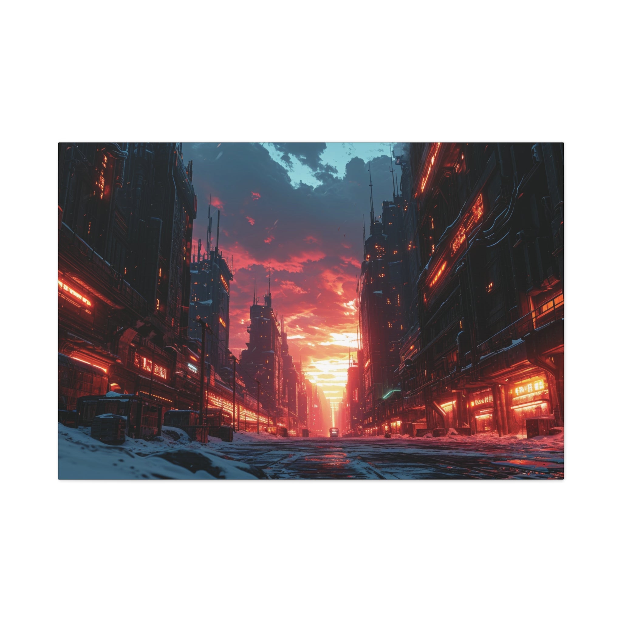 Neon Dusk: Cybercity's Fiery Skyline Canvas Art