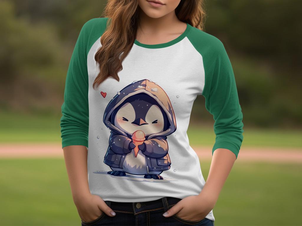 Cute Penguin with Ice Cream 3/4 Sleeve Baseball Tee