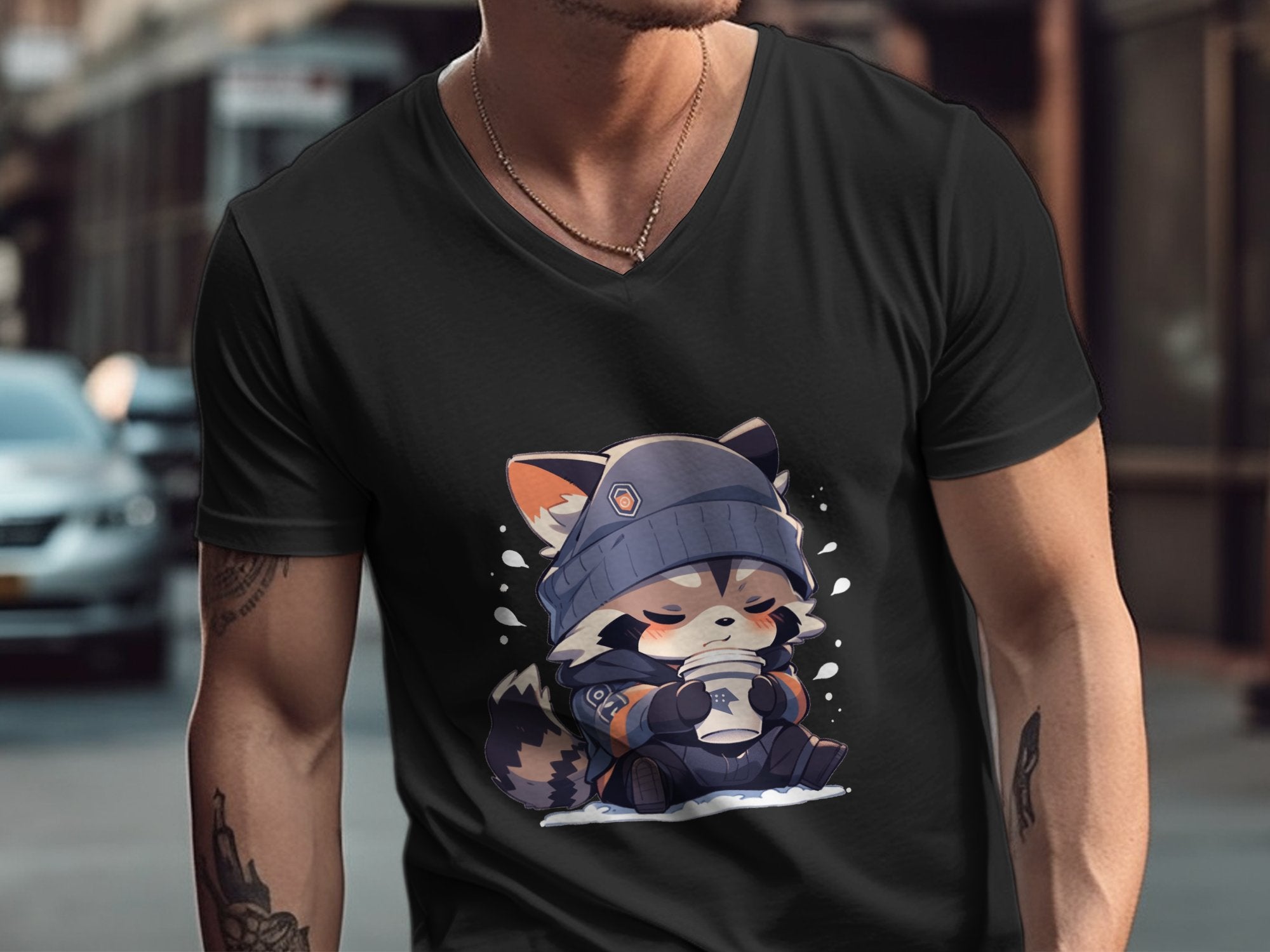 Cute Coffee Raccoon V-Neck T-Shirt - MiTo Store