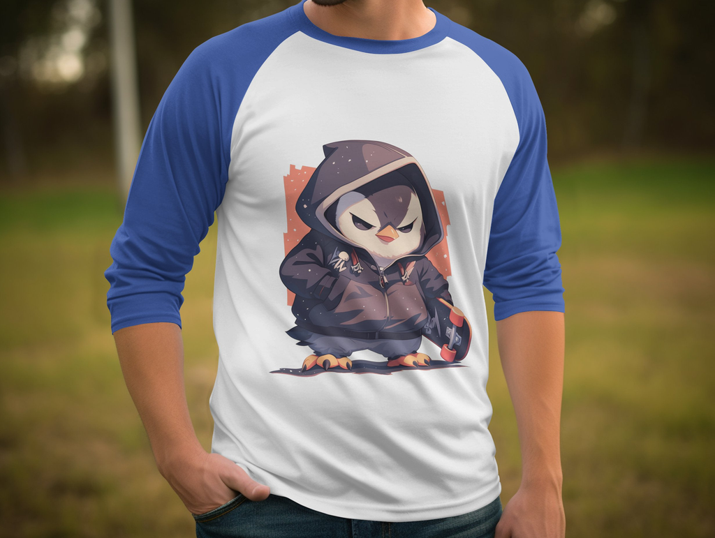 Edgy Penguin with Skateboard 3/4 Sleeve Baseball Tee